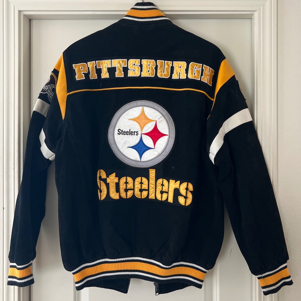 NFL Pittsburgh Steelers Genuine Suede Leather Varsity Jacket Mens Small Black